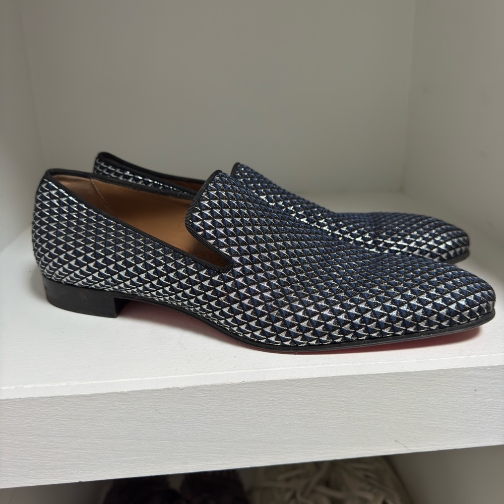 Christian Louboutin Navy, Black and Silver Geometric Slip-On Loafers